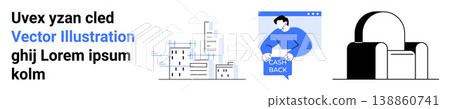 Urban planning, e-commerce, architecture, financial transactions, technology services, urbanization. A cityscape, a person issuing a refund online and an abstract architectural design. Urban Urban planning, e-commerce, architecture, financial transactions, technology services, urbanization. A cityscape, a person issuing a refund online and an abstract architectural design. Urban 138860741