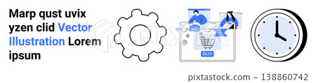 Time management, e-commerce services, online transactions, shopping efficiency, workflow automation, productivity. Black gear next to online shopping cart and clock. Time management and e-commerce 138860742