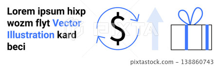 Financial transactions, gift cards, ecommerce, payment systems, digital economy, rewards programs. Dollar sign with arrows, upward arrow gift box. Financial transactions and ecommerce concept Financial transactions, gift cards, ecommerce, payment systems, digital economy, rewards programs. Dollar sign with arrows, upward arrow gift box. Financial transactions and ecommerce concept 138860743