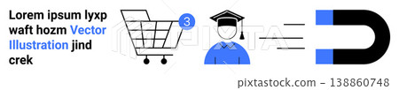 Education, shopping, marketing strategies, knowledge growth, customer acquisition, symbolic . Icons include a shopping cart, a graduate profile and a magnet. Education and shopping concept Education, shopping, marketing strategies, knowledge growth, customer acquisition, symbolic . Icons include a shopping cart, a graduate profile and a magnet. Education and shopping concept 138860748