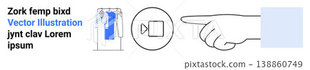 Digital media, user interface, online shopping, e-commerce, personalization, decision-making. A hand points towards a circular video icon next to a clothing rack. Digital media and e-commerce concept Digital media, user interface, online shopping, e-commerce, personalization, decision-making. A hand points towards a circular video icon next to a clothing rack. Digital media and e-commerce concept 138860749