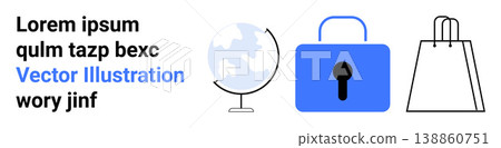Cybersecurity, global connections, e-commerce, online shopping, data protection, secure transactions. Globe, padlock and bag icons in minimalist design. Cybersecurity and global connections concept Cybersecurity, global connections, e-commerce, online shopping, data protection, secure transactions. Globe, padlock and bag icons in minimalist design. Cybersecurity and global connections concept 138860751