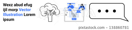 Online shopping, digital communication, sustainability, environmental protection, graphic design, customer interaction. a shopping cart, speech bubble and a tree illustration. E-commerce 138860781