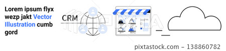 Cloud computing, CRM tools, data integration, online platforms, business solutions, global networks. Visual of CRM globe, an interface and a cloud icon. Focus on cloud computing and CRM tools Cloud computing, CRM tools, data integration, online platforms, business solutions, global networks. Visual of CRM globe, an interface and a cloud icon. Focus on cloud computing and CRM tools 138860782