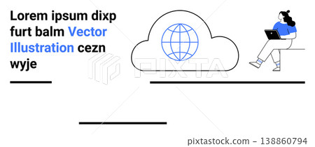 Cloud technology, digital communication, remote work, global connectivity, online services, internet creativity. Cloud with a globe symbol and person using a laptop. Cloud computing and digital Cloud technology, digital communication, remote work, global connectivity, online services, internet creativity. Cloud with a globe symbol and person using a laptop. Cloud computing and digital 138860794