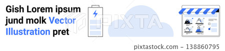 Technology, cloud computing, e-commerce, online business, energy, interface. Battery icon with bolt, cloud shape storefront with icon grid. Cloud computing and e-commerce applications concept 138860795