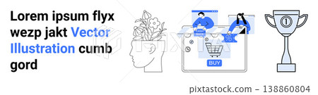 Education, online shopping, achievements, success, e-commerce, digital progress. A head with flowers, an online shopping scene and a trophy. Education and e-commerce in minimalist visuals Education, online shopping, achievements, success, e-commerce, digital progress. A head with flowers, an online shopping scene and a trophy. Education and e-commerce in minimalist visuals 138860804