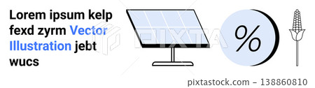 Renewable energy, sustainability, agriculture, clean technology, environmental conservation, efficiency concepts. Solar panel, percentage symbol corn stalk. Renewable energy and environmental 138860810