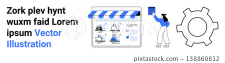 E-commerce services, business branding, digital marketing, product presentation, online shopping, innovation. Online storefront, a user interacting with an object gear icon. E-commerce and business E-commerce services, business branding, digital marketing, product presentation, online shopping, innovation. Online storefront, a user interacting with an object gear icon. E-commerce and business 138860812