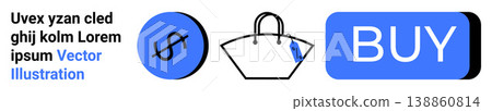 E-commerce, online shopping, retail, digital payments, consumerism, financial transactions. A dollar icon, shopping bag and a buy button. E-commerce and online shopping digitally conceptualized 138860814