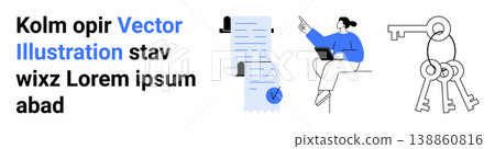 Digital identity, data verification, online security, workflow management, remote work, access control. Stack of documents with checkmark, a professional working remotely and security keys. Digital Digital identity, data verification, online security, workflow management, remote work, access control. Stack of documents with checkmark, a professional working remotely and security keys. Digital 138860816