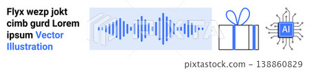 Artificial intelligence, technology, audio processing, digital gifts, software design, creative solutions. Soundwave, gift box AI chip. AI technology and audio processing concept Artificial intelligence, technology, audio processing, digital gifts, software design, creative solutions. Soundwave, gift box AI chip. AI technology and audio processing concept 138860829
