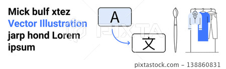 Education, creativity, translation, globalization, writing tools, multilingual communication. Arrow connecting letter A to a Chinese character, alongside a pen and clothing rack. Translation Education, creativity, translation, globalization, writing tools, multilingual communication. Arrow connecting letter A to a Chinese character, alongside a pen and clothing rack. Translation 138860831