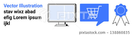 E-commerce, online shopping, digital marketing, web design, retail, customer success. Shows a shopping cart speech bubble, monitor and award badge. E-commerce and online shopping concept 138860835