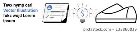 Finance, creativity, idea generation, business planning, e-commerce, productivity. Document with checklist, lightbulb with dollar sign and outline of a shoe. Finance and creativity concept Finance, creativity, idea generation, business planning, e-commerce, productivity. Document with checklist, lightbulb with dollar sign and outline of a shoe. Finance and creativity concept 138860839