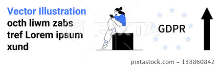 Digital privacy, GDPR compliance, personal data protection, EU regulations, online security, data management. Woman seated using smartphone, GDPR text upward arrow. Digital privacy and GDPR Digital privacy, GDPR compliance, personal data protection, EU regulations, online security, data management. Woman seated using smartphone, GDPR text upward arrow. Digital privacy and GDPR 138860842