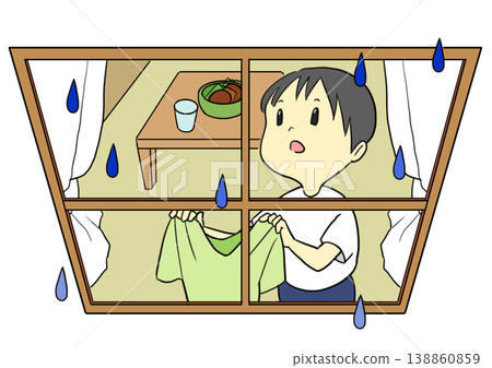 With the rainy season beginning, a man tries to dry his laundry indoors because he can't do it outside. 138860859