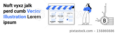 E-commerce, blockchain, cryptocurrency, data analysis, fintech, user experience. A digital storefront, person thinking Bitcoin network. E-commerce and blockchain technology concepts 138860886