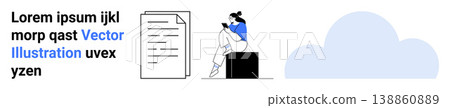 Digital communication, online reading, document storage, content creation, data organization, file sharing. A woman reads on a device next to a document and cloud. Digital communication and online 138860889