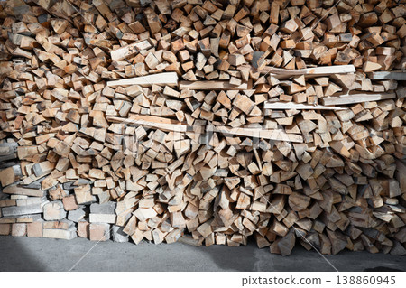 Large stack of dry chopped firewood for winter heating. Background of stacked wooden logs. Woodpile texture close-up Large stack of dry chopped firewood for winter heating. Background of stacked wooden logs. Woodpile texture close-up 138860945