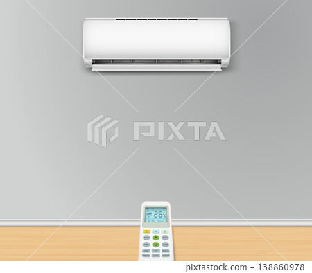Remote control is pointed at the air condition split system on the wall 138860978