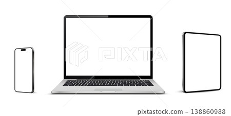 Laptop computer, tablet and mobile phone. Flat lay detailed and realistic devices mockup Laptop computer, tablet and mobile phone. Flat lay detailed and realistic devices mockup 138860988