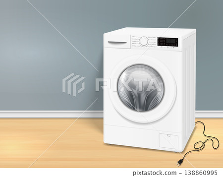 White washing machine with unplugged electric plug 138860995