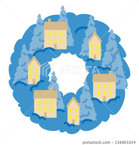Winter Village Wreath with Houses and Snowy Trees Flat Illustration 138861024