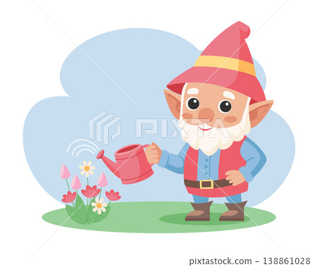Cute garden gnome with a watering can watering flowers. Children illustration. Cute garden gnome with a watering can watering flowers. Children illustration. 138861028