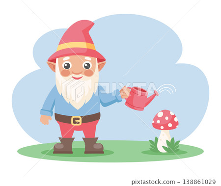 Cute garden gnome with a watering can watering mushroom. Children illustration. Cute garden gnome with a watering can watering mushroom. Children illustration. 138861029