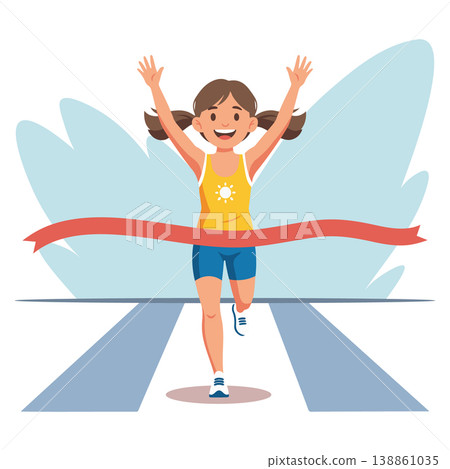 Happy girl in sportswear crossing finish line. Victory celebration. Illustration. 138861035
