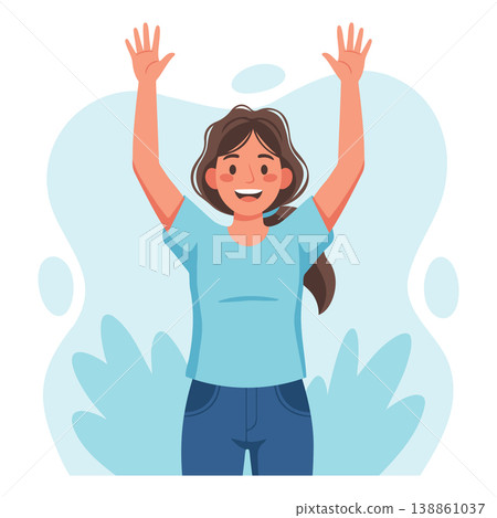 Happy young woman raising her arms in victory celebration. Illustration. Happy young woman raising her arms in victory celebration. Illustration. 138861037