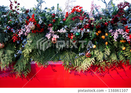 Decorations made from fir branches and toys . Decorations made from fir branches and toys . 138861107
