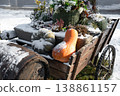 Rustic wooden wagon filled with autumn pumpkins ande flowers in snowy winter 138861157