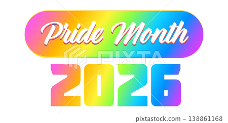 Pride Month 2026 celebration banner with glossy rainbow button with white script lettering isolated on white background. Modern vector pride month graphic for LGBTQ seasonal events and stickers. 138861168