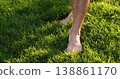 Bare feet walking on grass step softly across sunlit lawn. Barefoot steps press into blades and leave small impressions. Sunlit feet catch golden highlights. mood is peaceful and grounding. 138861170