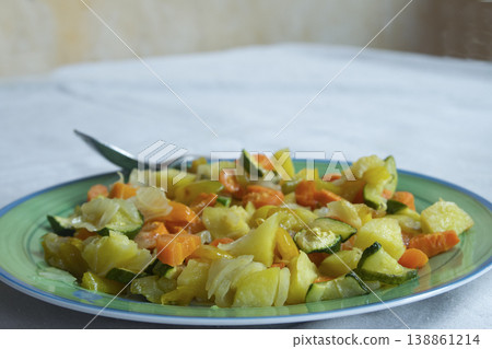 Healthy sauteed vegetables on a green plate Healthy sauteed vegetables on a green plate 138861214
