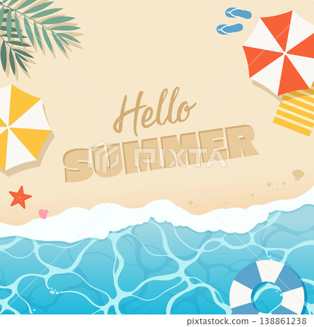 Hello Summer Beach Background with Tropical Leaves and Vacation Elements Hello Summer Beach Background with Tropical Leaves and Vacation Elements 138861238