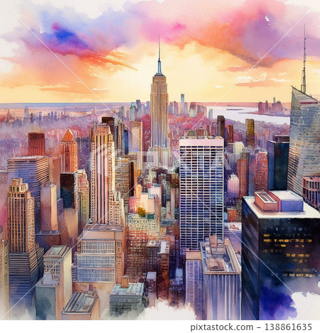 New york city skyline painted watercolor sunset vista 138861635