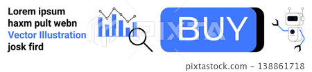 E-commerce, digital marketing, online shopping, analytics, automation, and technology. Bar charts, magnifying glass robot and a buy button. E-commerce and digital marketing concept E-commerce, digital marketing, online shopping, analytics, automation, and technology. Bar charts, magnifying glass robot and a buy button. E-commerce and digital marketing concept 138861718