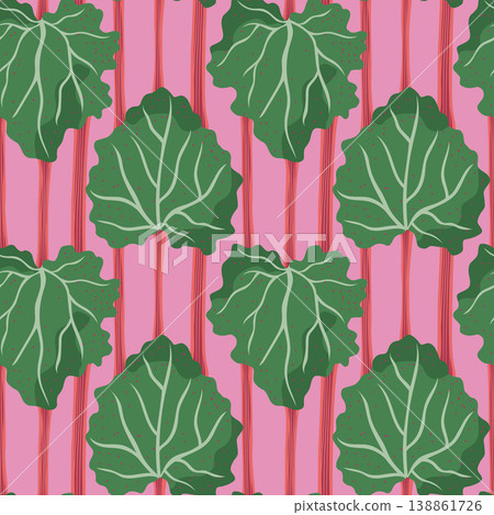 Rhubarb vector seamless pattern illustration. Large green leaves and red stalks on pink background. Bold botanical vegetable repeat tile design for textile, kitchen decor in modern flat playful style Rhubarb vector seamless pattern illustration. Large green leaves and red stalks on pink background. Bold botanical vegetable repeat tile design for textile, kitchen decor in modern flat playful style 138861726