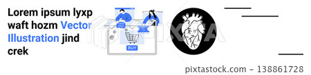 E-commerce, digital shopping, online payment, healthcare, medical technology, cardiology. Online shopping cart with people interacting and a human heart graphic. E-commerce and healthcare E-commerce, digital shopping, online payment, healthcare, medical technology, cardiology. Online shopping cart with people interacting and a human heart graphic. E-commerce and healthcare 138861728