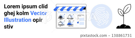 E-commerce, personal security, ecological growth, fingerprint authentication, digital marketplace, sustainability. Online store graphic, fingerprint and growing plant. E-commerce and personal E-commerce, personal security, ecological growth, fingerprint authentication, digital marketplace, sustainability. Online store graphic, fingerprint and growing plant. E-commerce and personal 138861731