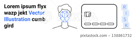 Digital identity, technology security, fraud detection, data privacy, risk management, authentication. A face scan linked to a credit card and risk blocks. Digital identity and technology security Digital identity, technology security, fraud detection, data privacy, risk management, authentication. A face scan linked to a credit card and risk blocks. Digital identity and technology security 138861732
