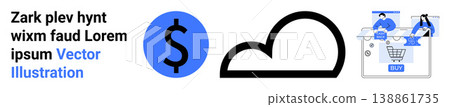 E-commerce, online shopping, cloud storage, digital transactions, financial technology, digital platforms. Dollar symbol, cloud icon and a digital shopping cart. E-commerce and digital transactions 138861735