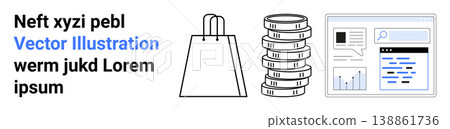 E-commerce, business finance, online shopping, data analysis, digital marketing, consumer behavior. Shopping bag, coin stack analytics dashboard. E-commerce and business finance concept 138861736