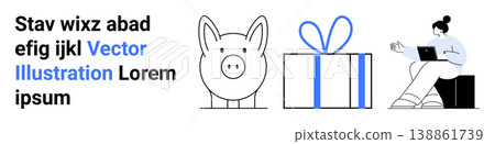 Financial education, savings, online shopping, digital connectivity, business planning, e-learning. A piggy bank, gift box and seated figure with a laptop. Financial savings and online shopping Financial education, savings, online shopping, digital connectivity, business planning, e-learning. A piggy bank, gift box and seated figure with a laptop. Financial savings and online shopping 138861739