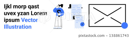 Communication, digital workflow, file management, email verification, information exchange, productivity tools. A person pondering next to documents and an envelope. Communication and digital Communication, digital workflow, file management, email verification, information exchange, productivity tools. A person pondering next to documents and an envelope. Communication and digital 138861743