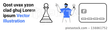 Virtual reality, technology innovation, digital payments, strategic decision-making, creativity, modern solutions. A man wearing VR glasses with a light bulb idea, chess pawn, and credit card icon 138861752
