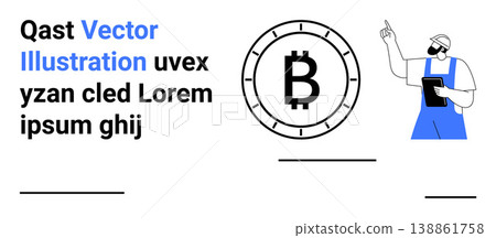 Cryptocurrency, blockchain technology, digital finance, virtual investment, fintech innovation, modern economy. A worker holding a tablet alongside a Bitcoin symbol. Cryptocurrency and blockchain Cryptocurrency, blockchain technology, digital finance, virtual investment, fintech innovation, modern economy. A worker holding a tablet alongside a Bitcoin symbol. Cryptocurrency and blockchain 138861758